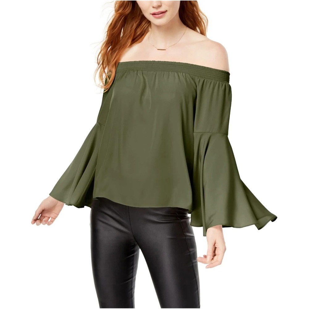 Bar III Women's Bell Sleeves off the shoulder Blouse Size Large Green